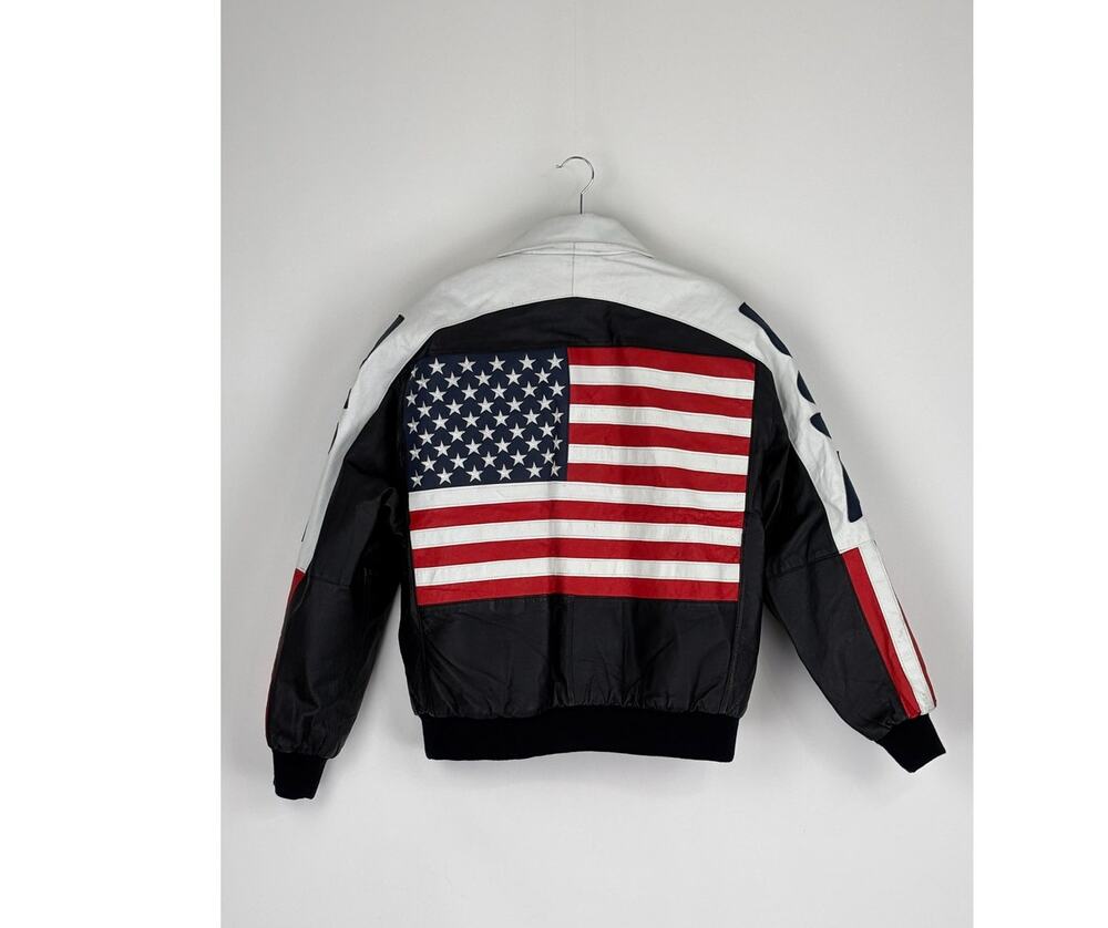 Vintage Michael Hoban USA Flag Leather Bomber Jacket Mens Size XL Americana